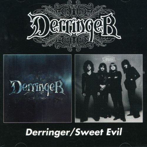 "Black album cover with 'Derringer' logo, CD artwork, and band photo in black and white."