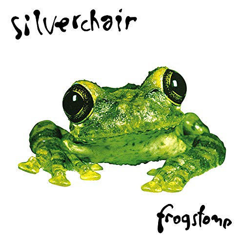 "Album cover featuring a green frog with large, black eyes on a white background."
