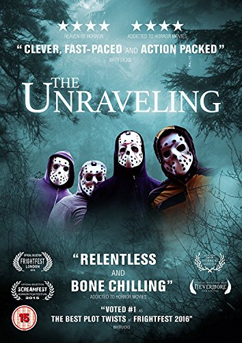 DVD cover for "The Unraveling" featuring four figures wearing hockey masks in a dark forest.