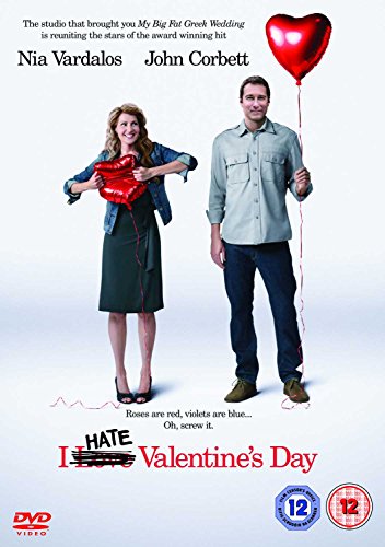 Nia Vardalos and John Corbett hold red heart balloons on a DVD cover.