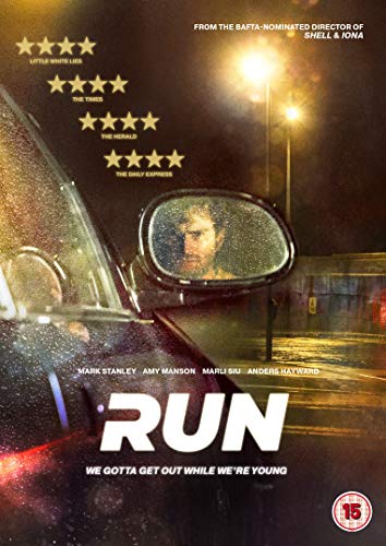 DVD cover for "Run" showing a man in a car’s rearview mirror.