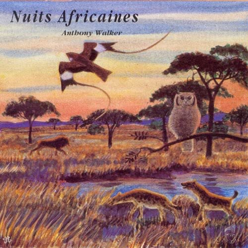 CD cover depicting African wildlife at dusk: birds, owl, and jackals.
