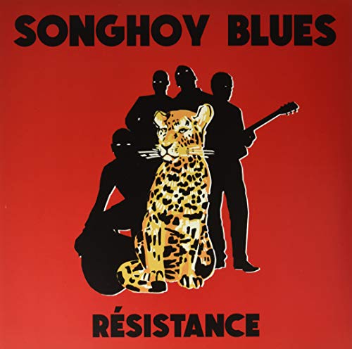Songhoy Blues album cover: red background with band members, leopard, and guitar.