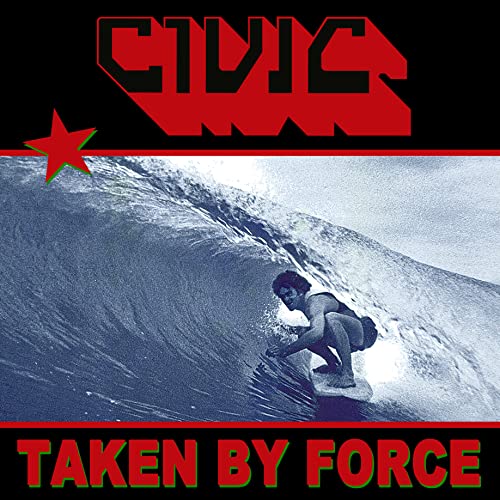 CD cover: red “CIVIC” text, wave with surfer, and green title.
