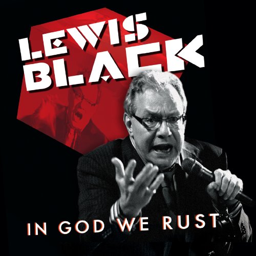 "Album cover featuring Lewis Black speaking into a microphone, with bold text."