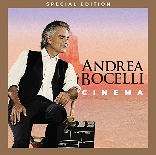 Andrea Bocelli "Cinema" CD cover with portrait and film clapperboard.