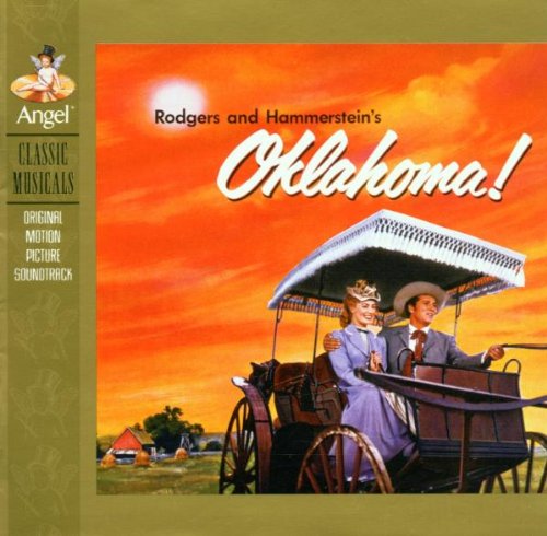 CD cover for "Oklahoma!" featuring a couple in a horse-drawn carriage.