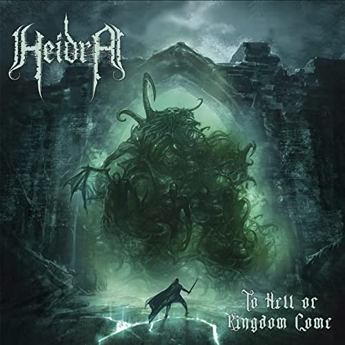 Dark fantasy album cover with a monstrous creature and a lone figure.