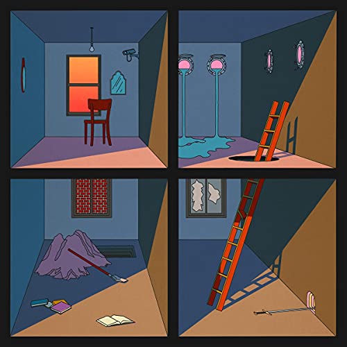 Four illustrated room interiors with furniture and architectural details.
