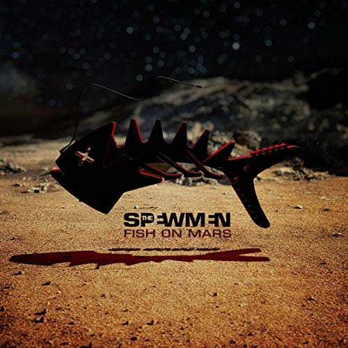 Red, angular fish sculpture on a grainy, Mars-like landscape.
