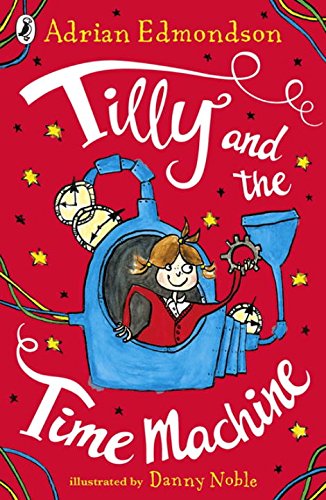 Red children's book cover featuring a girl in a blue time machine surrounded by stars.