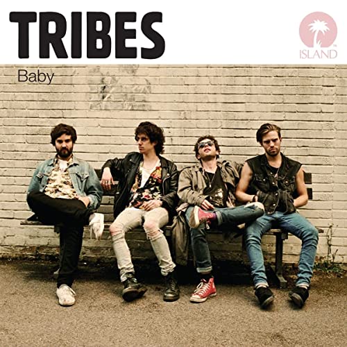 Album cover for Tribes’ “Baby” featuring four casually dressed men on a bench.