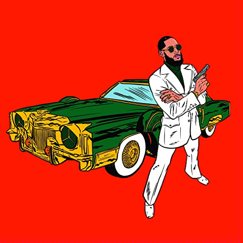 Illustration of a man in a suit posing with a green classic car.