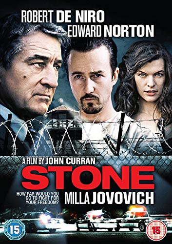 DVD cover for Stone featuring Robert De Niro, Edward Norton, and Milla Jovovich.