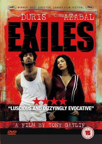 DVD cover for Exiles featuring a man and woman against a textured red background.