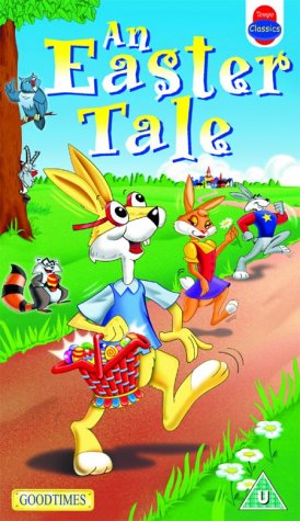 "Cartoon DVD cover featuring anthropomorphic rabbits on a path, carrying Easter baskets."