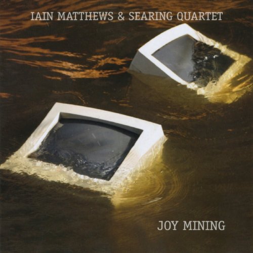 "Album cover with two white boxes floating in water, titled 'Joy Mining' by Iain Matthews."