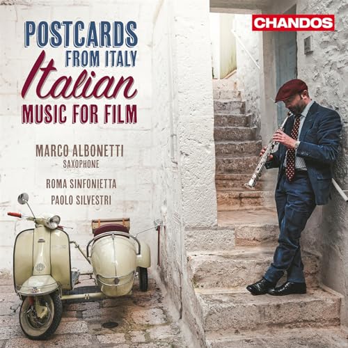 CD cover: man with saxophone, vintage scooter, Italian street scene.