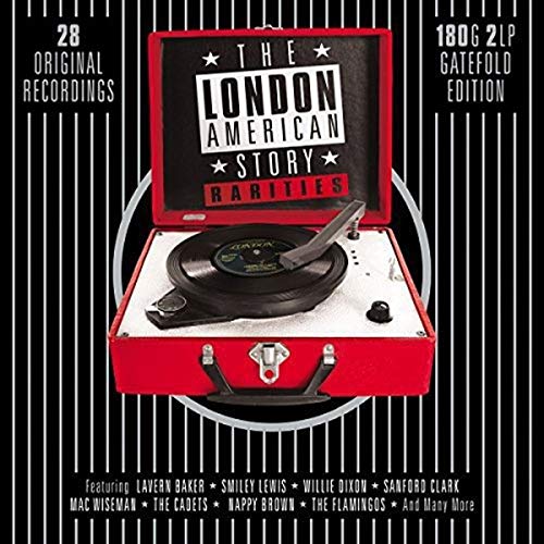 Red record player suitcase with vinyl record, featuring artist names below.