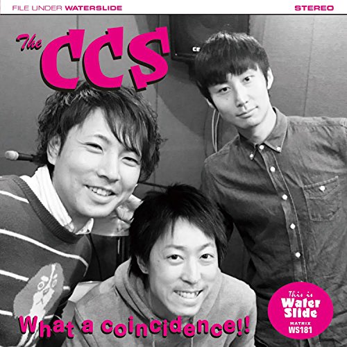 "Album cover with three smiling men and pink text on a black-and-white background."