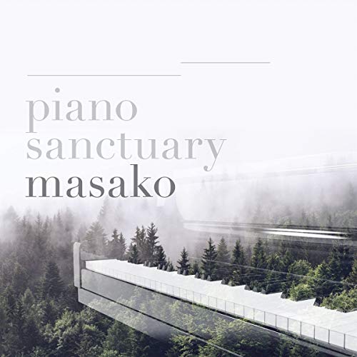 CD cover for Masako’s “Piano Sanctuary” with a misty mountain landscape.