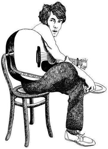 Black and white sketch of Bert Jansch seated with an acoustic guitar.