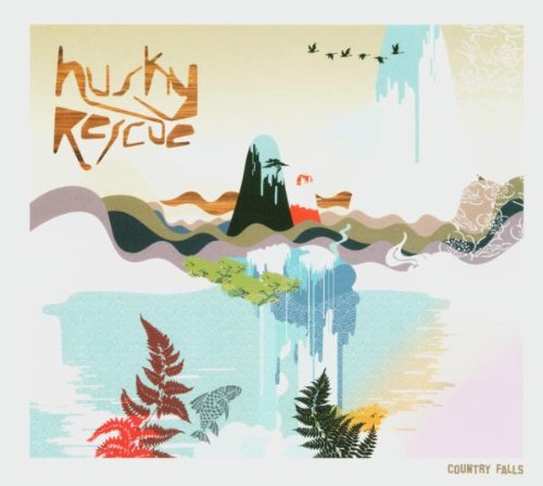 Album cover with abstract landscape, mountains, and foliage, titled "Husky Rescue - Country Falls".