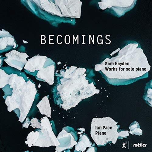 CD cover with icebergs on dark blue background, titled "Becomings" with artist and pianist names.