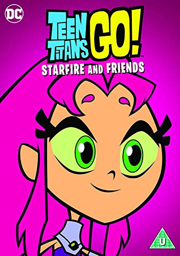 "Cartoon DVD cover featuring Starfire with green eyes and pink hair on a purple background."