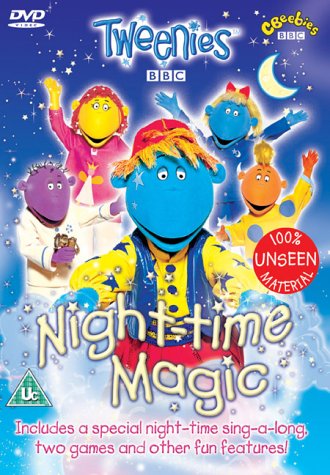 "Tweenies DVD cover featuring colorful cartoon characters under a starry night sky."