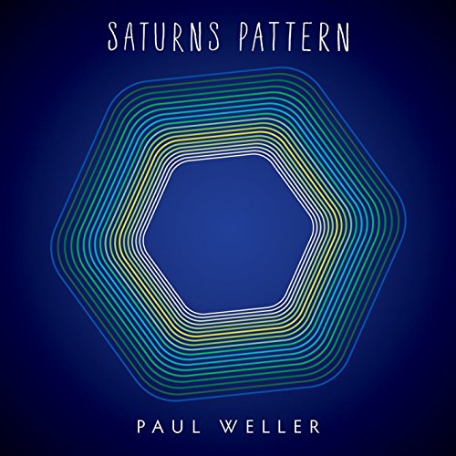 "Album cover with blue background, layered hexagon design, and artist's name, Paul Weller."