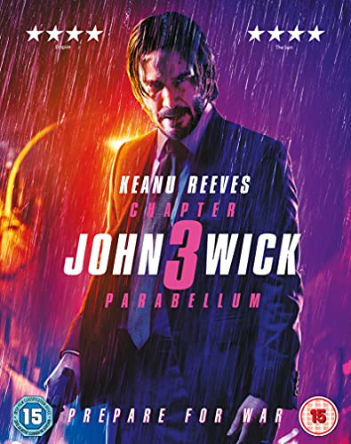 John Wick 3 Blu-ray cover featuring Keanu Reeves in a suit, rain falling.