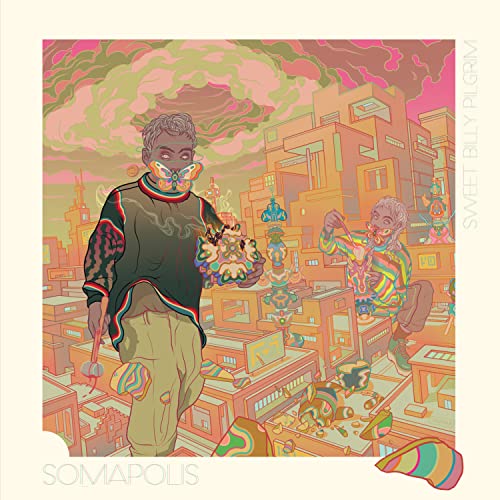 Album cover: illustrated figures in a colorful, fantastical cityscape.