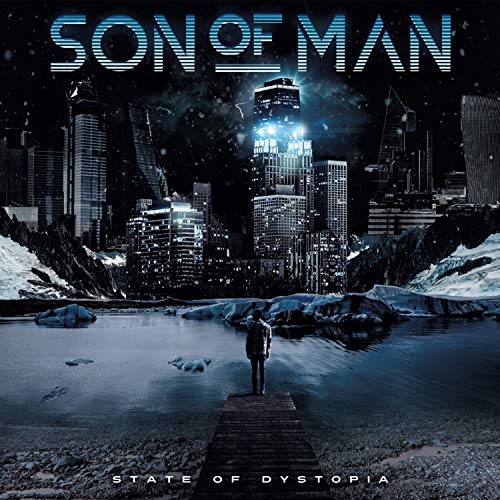 Album cover art: person on a dock, futuristic cityscape with snowy landscape and skyscrapers.