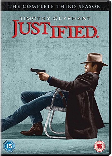 DVD cover for "Justified: The Complete Third Season" featuring a man holding a gun.
