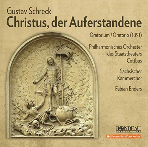 "CD cover with a beige background and a carved image of Jesus rising."