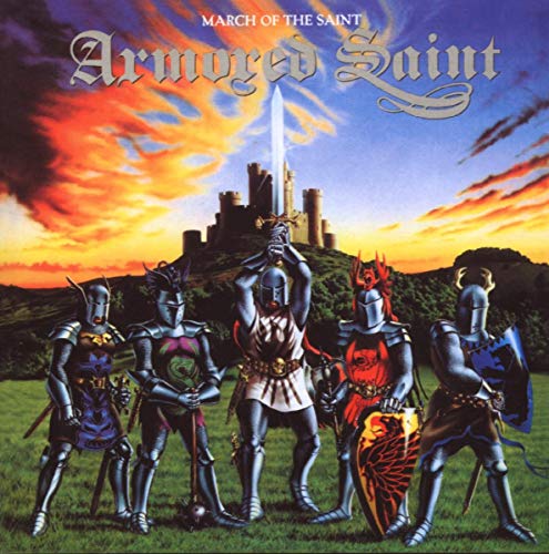 Album cover: armored knights before a castle with a fiery sky.