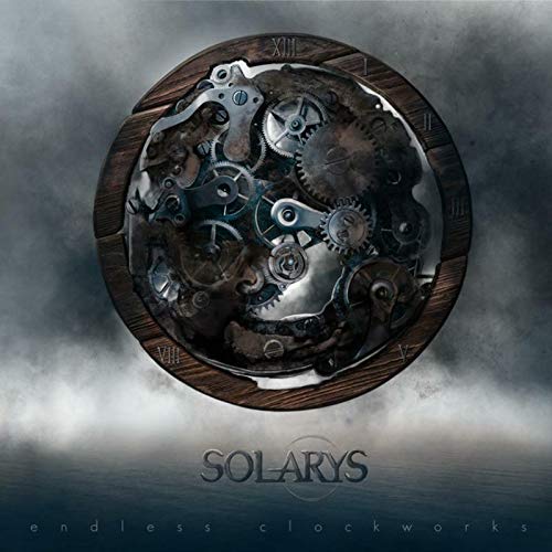 "Album cover featuring a clock face with exposed gears on a cloudy background."