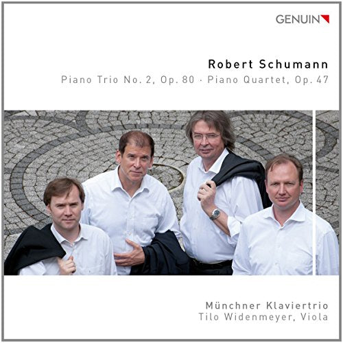 CD cover featuring four musicians, Robert Schumann piano trio and quartet.