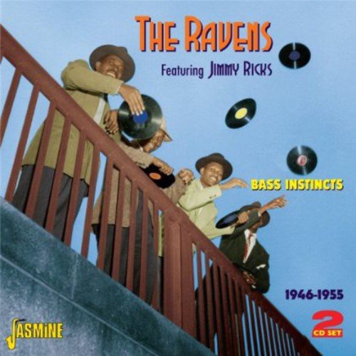 "CD cover art showing four men on a railing, with vinyl records."