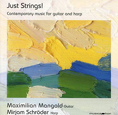 "Album cover with abstract painting and text describing guitar and harp music."