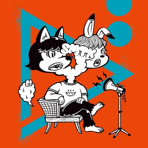 Black and white cartoon of two animal heads with smoke and a megaphone.