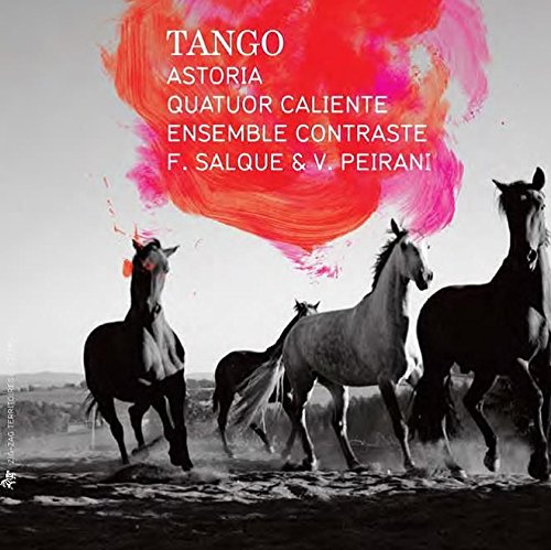 "CD cover with four horses running through water and red abstract splash."