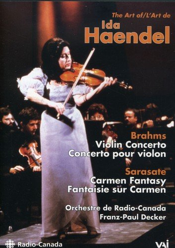 Ida Haendel playing violin on DVD cover for Brahms’ concerto.