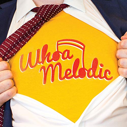 Man tearing open shirt to reveal "Whoa Melodic" text and musical note.
