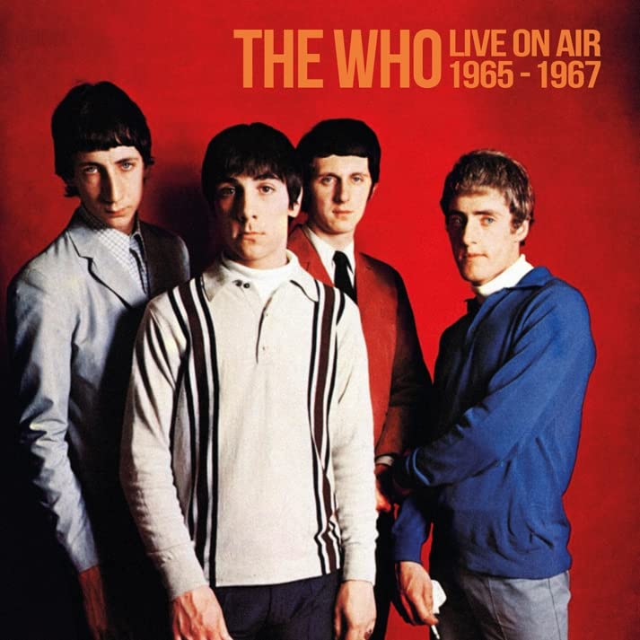 The Who band portrait on a red background, album cover art.