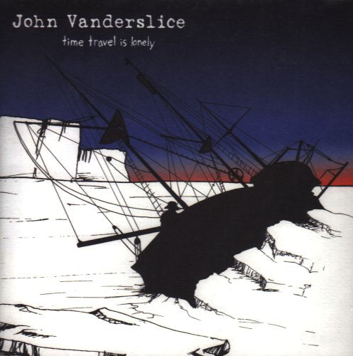 "Album cover with black and white shipwreck illustration, dark blue and red sky background."