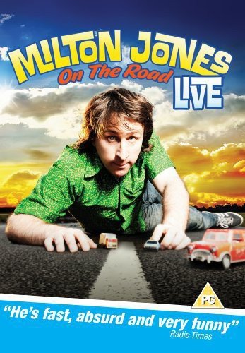 DVD cover featuring comedian Milton Jones interacting with toy cars on a road.