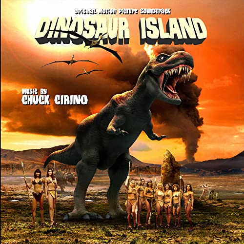 Dinosaur Island" CD cover featuring a roaring T-Rex and people with spears.