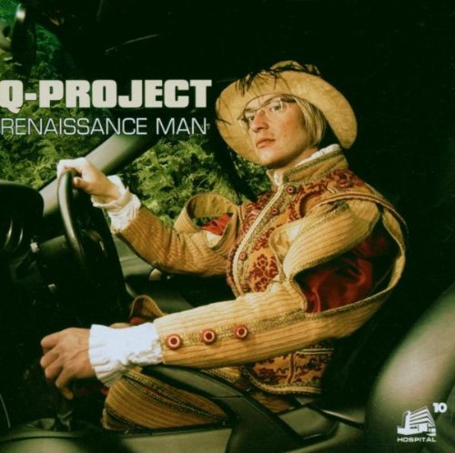 A man in Renaissance attire driving a car, album cover for "Q-Project - Renaissance Man".